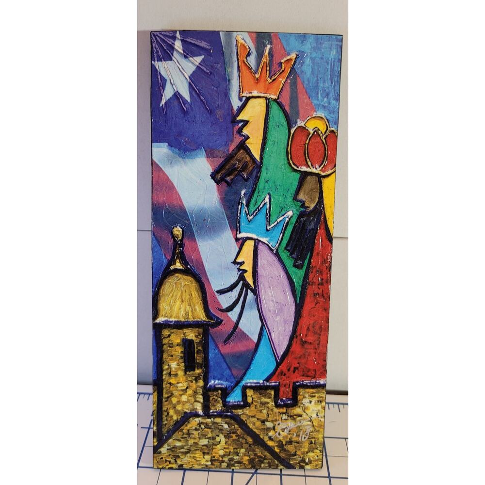 3 Wise Men, Puerto Rican sSgned Multimedia Art, 9" x 3.5", 2018, Edna ?